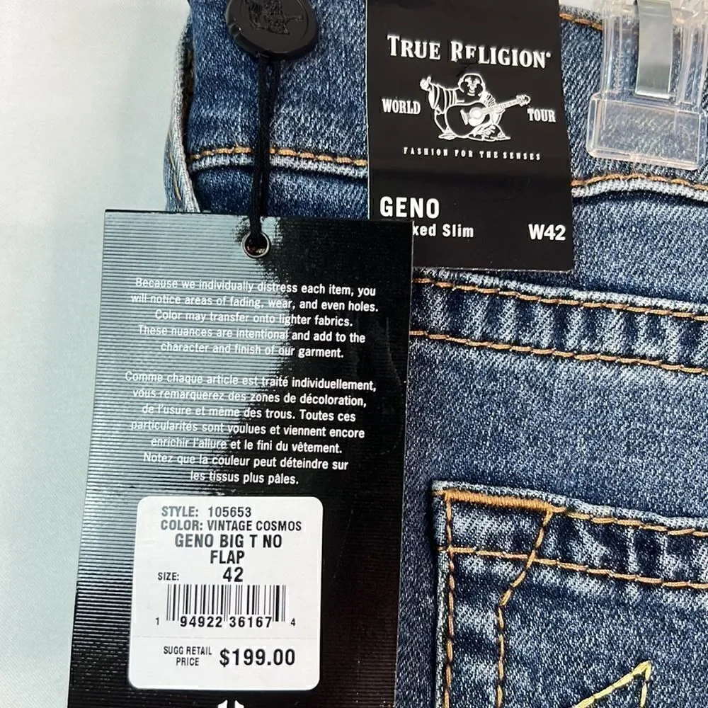 True Religion Genius Relaxed Slim Vintage Denim Jeans Big T No Flap. Brand New!